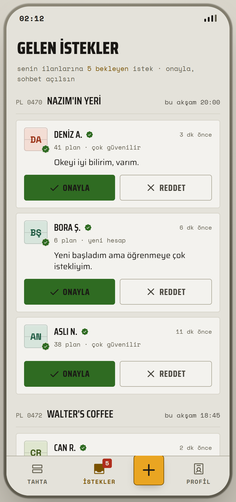 Gelen istekler ekranı